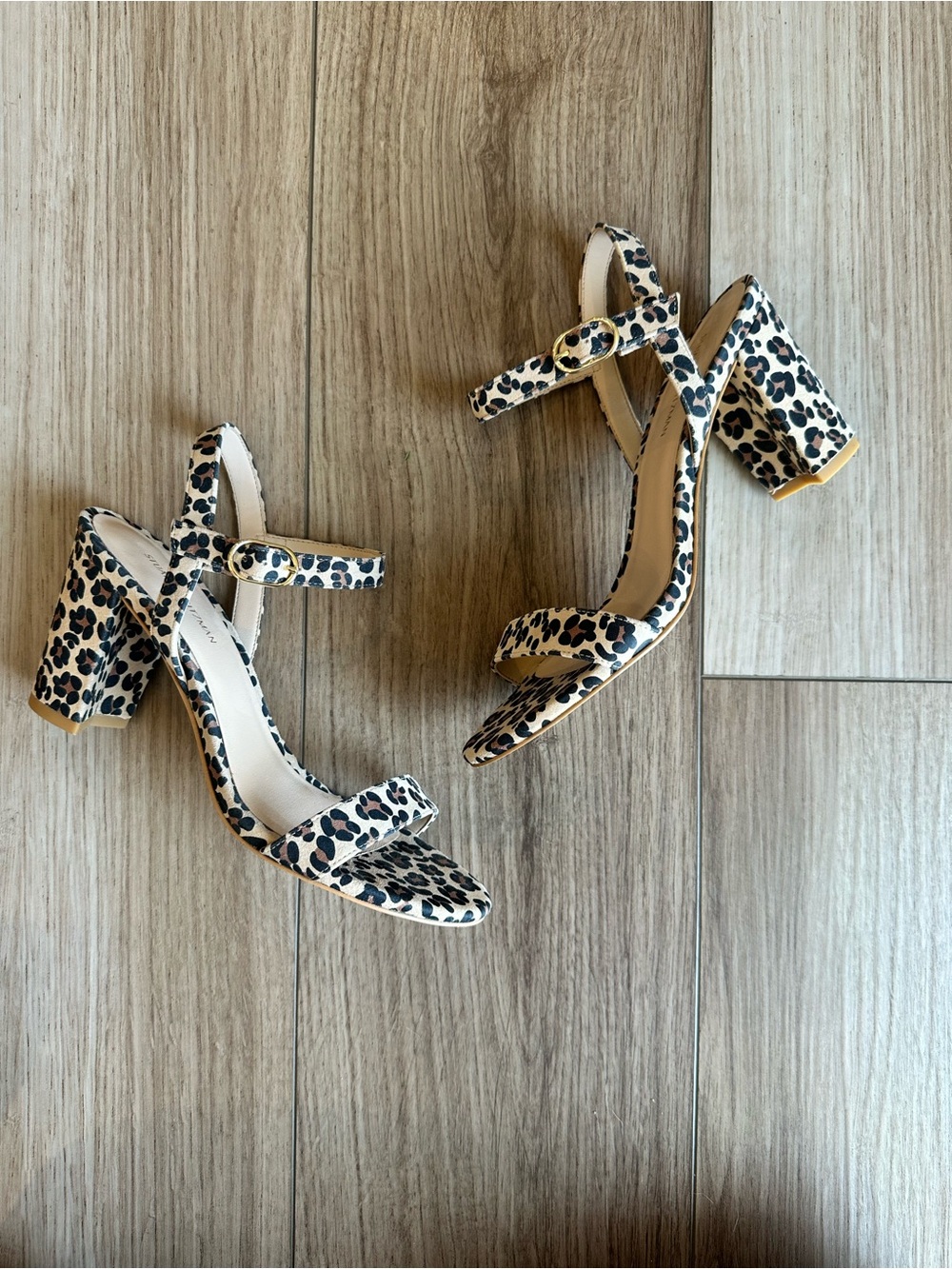 Stuart Weitzman Leopard Print Block Heel Sandals in Tan and Black